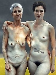 Thin elderly women bare and bare-breasted